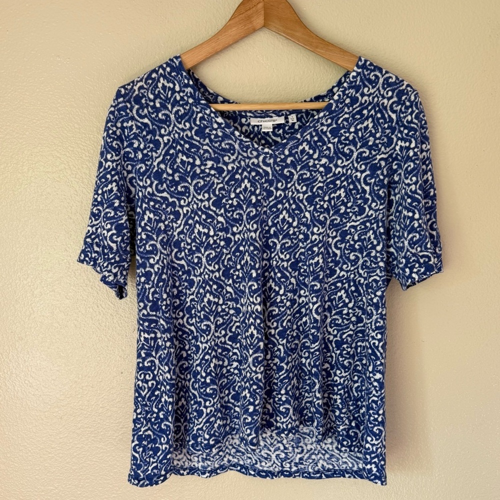 Chico's Blue and White Short Sleeve 100% Linen Top